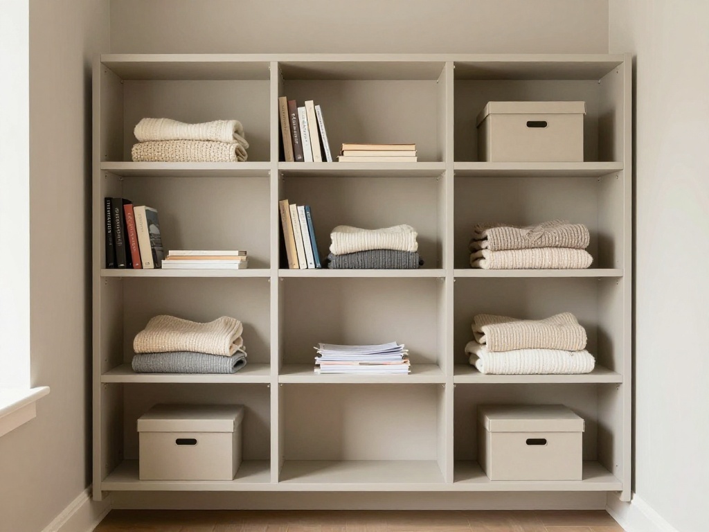 Tiny Room With Open Shelves Painted to Match the Wall