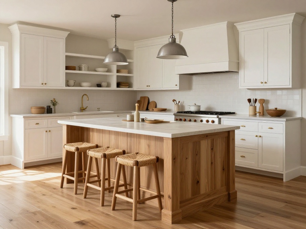 White Farmhouse Kitchen Cabinets With a Natural Oak Island