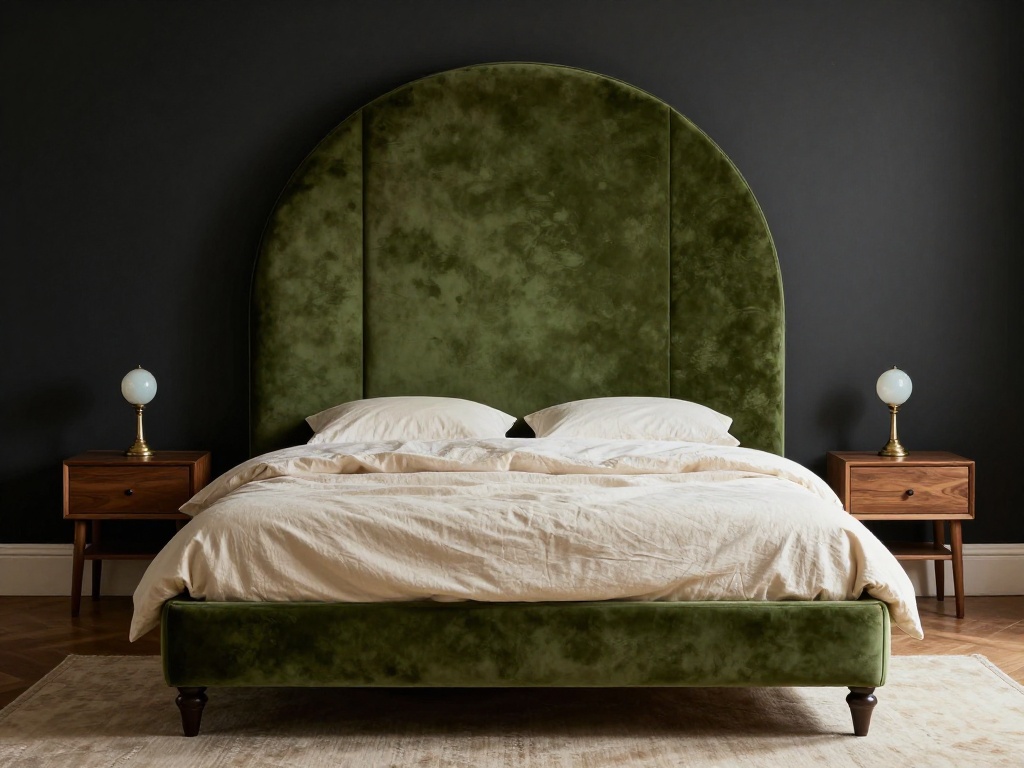 Black Nouveau Bedroom With an Arched Velvet Headboard