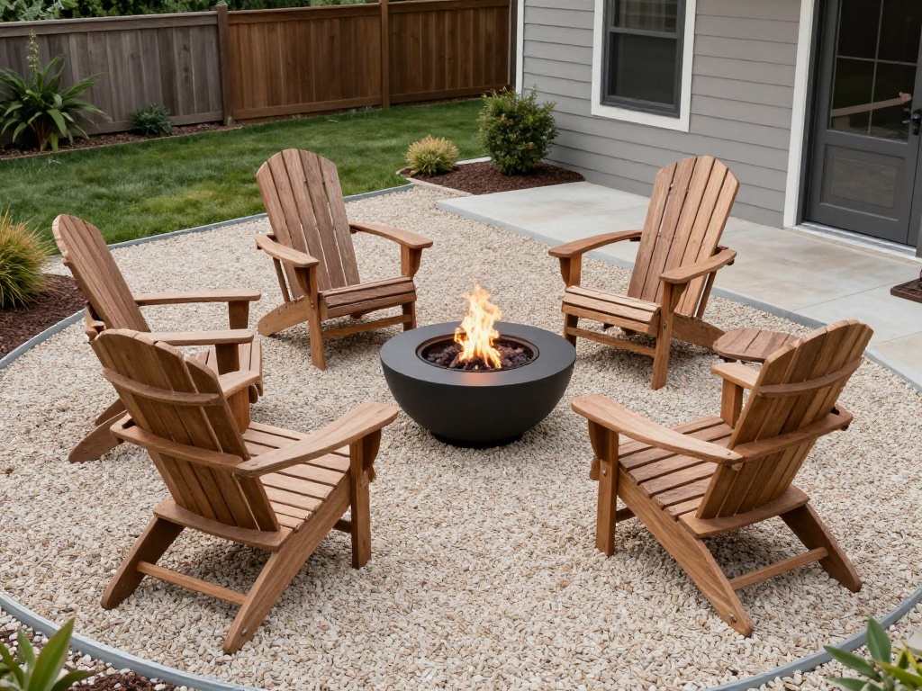 Gravel Patio With Adirondack Chairs And A Fire Bowl