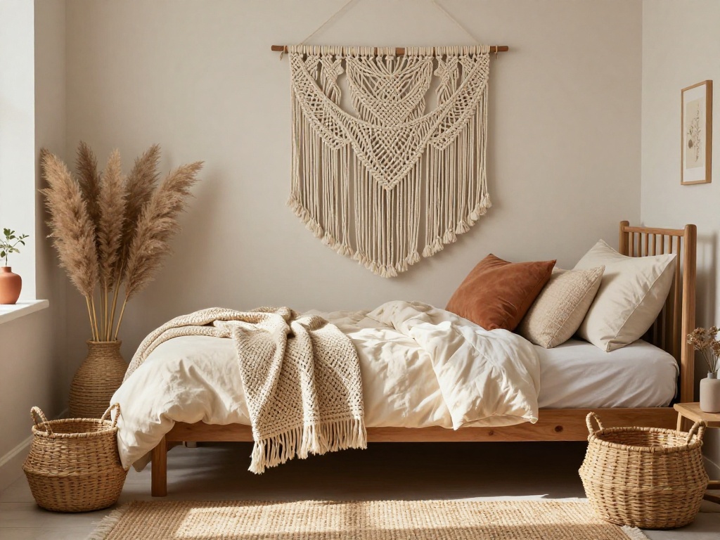 Boho Macrame Dorm Wall With Layered Textiles