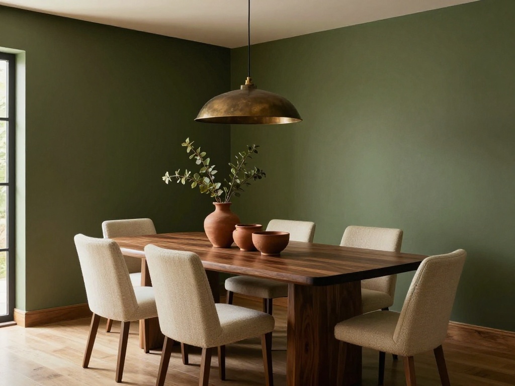 Earthy Dining Room With Olive Green Walls