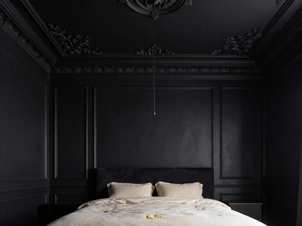 Black Nouveau Bedroom Paint Across the Walls and Ceiling