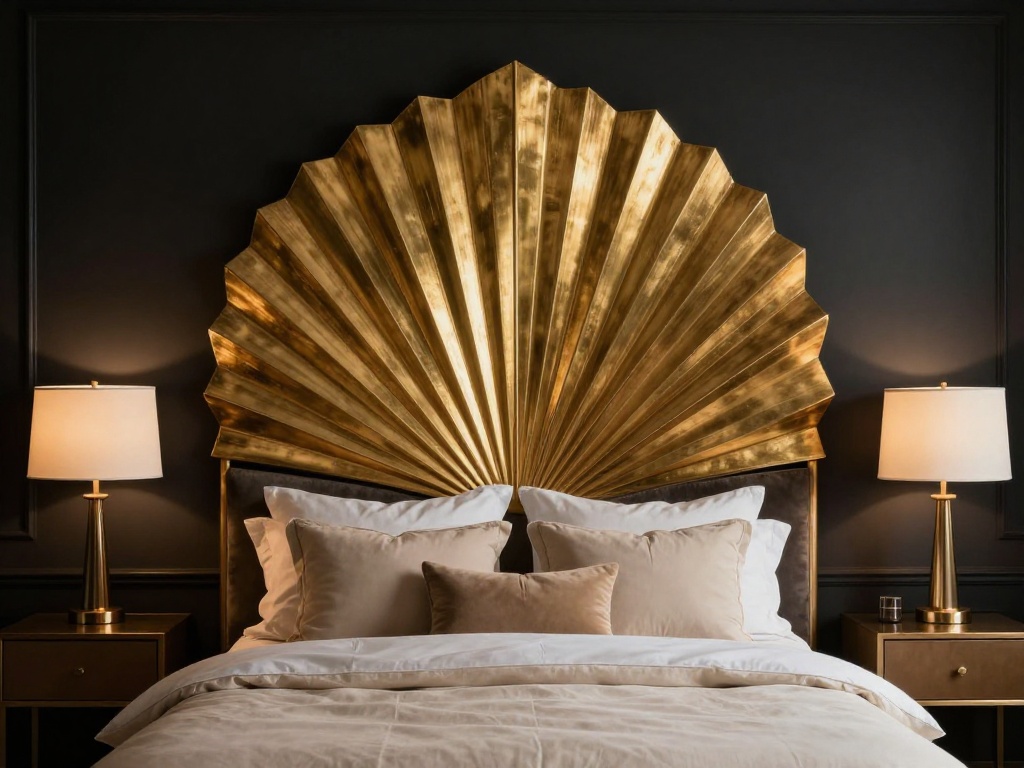 Black Bedroom With a Gold Fan-Shaped Headboard