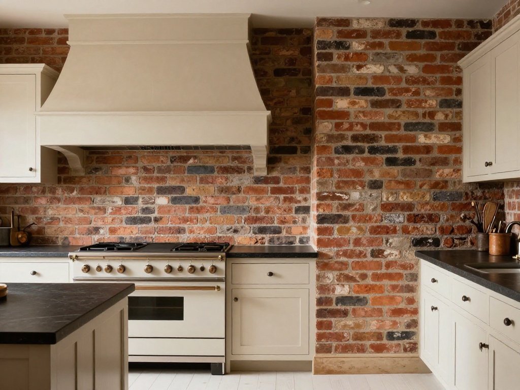 Exposed Brick Backsplash With Simple Farmhouse Kitchen Cabinets