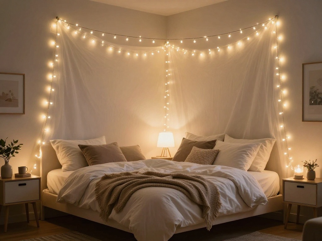 String Light Canopy Above A Dorm Bed