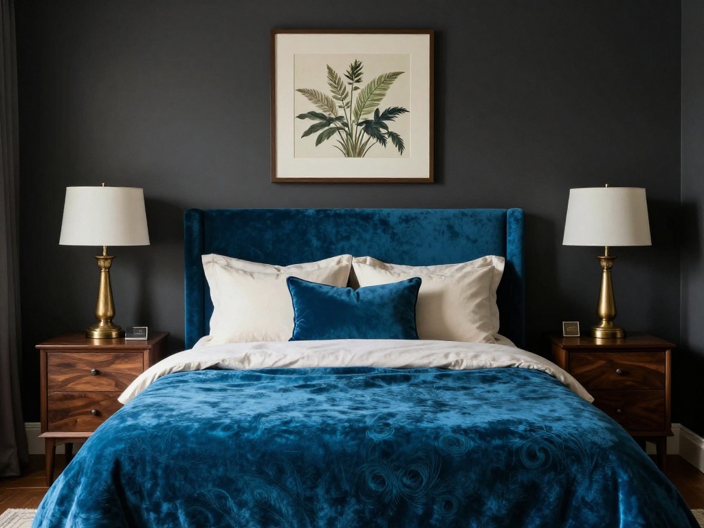 Black Nouveau Bedroom With Peacock Blue Accents