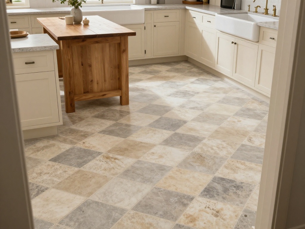 Soft Neutral Checkerboard Flooring in a Farmhouse Country Kitchen