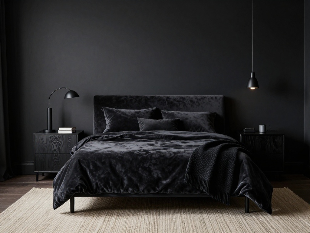 All-Black Nouveau Bedroom With Layered Textures