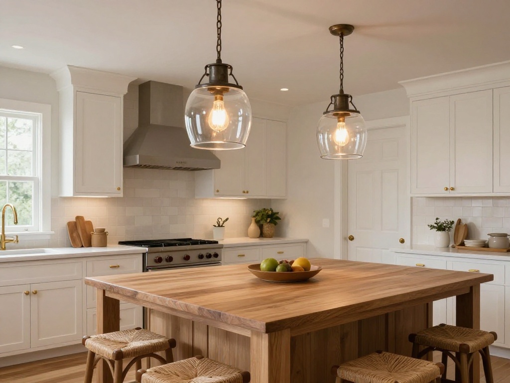 Oversized Pendant Lights Above a Farmhouse Kitchen Island