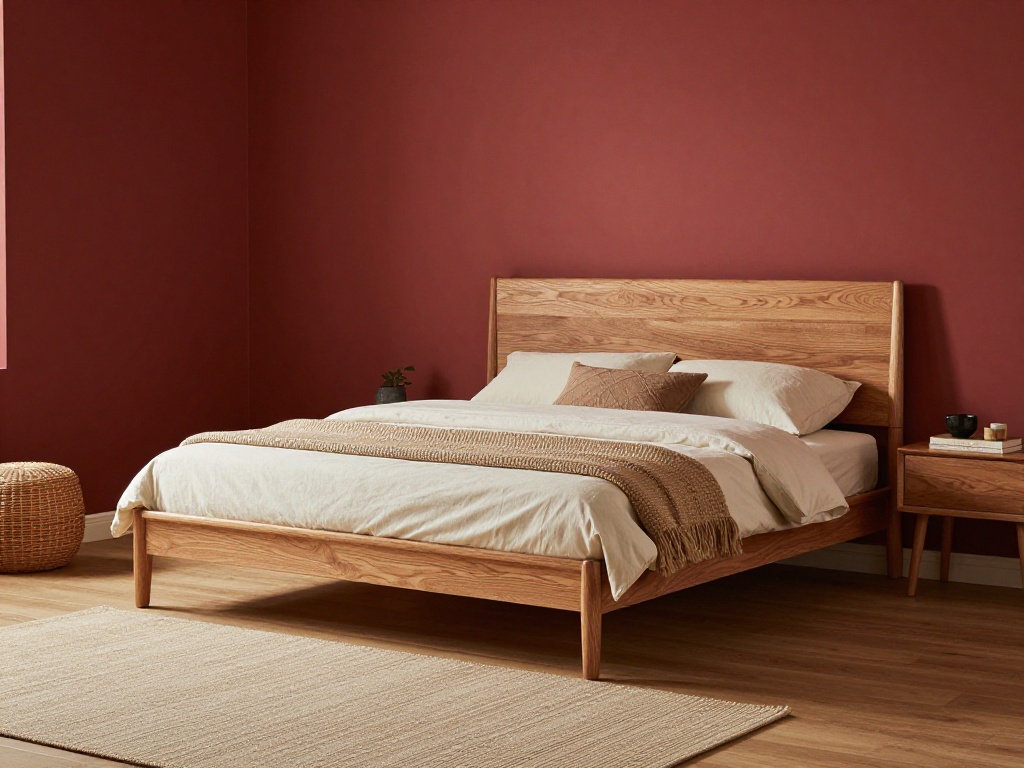 Red Bedroom With Natural Wood Furniture