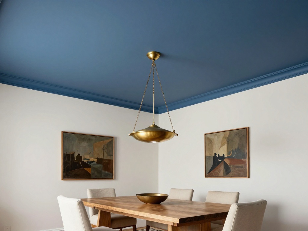 Dining Room With A Bold Painted Ceiling
