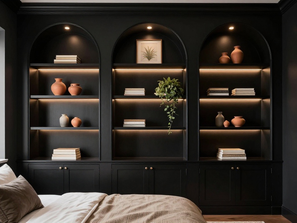 Black Nouveau Bedroom With Arched Built-In Shelves