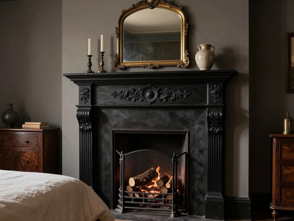 Black Bedroom With Lilac and Silver Details