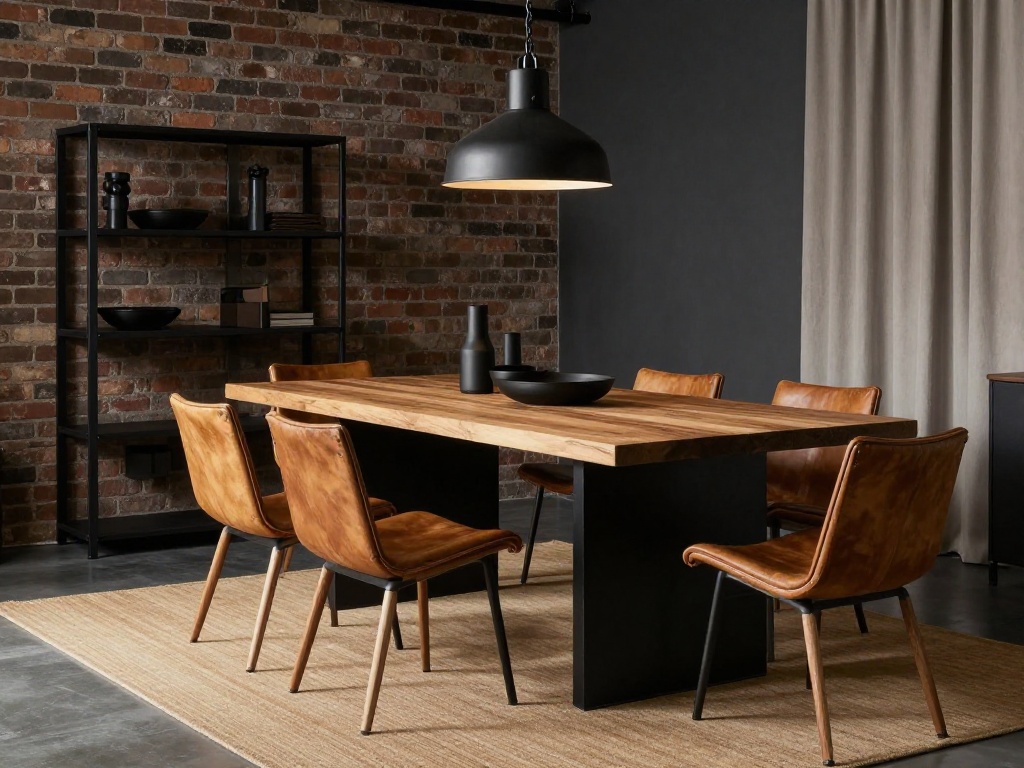  Industrial Dining Room With Warm Wood And Black Metal