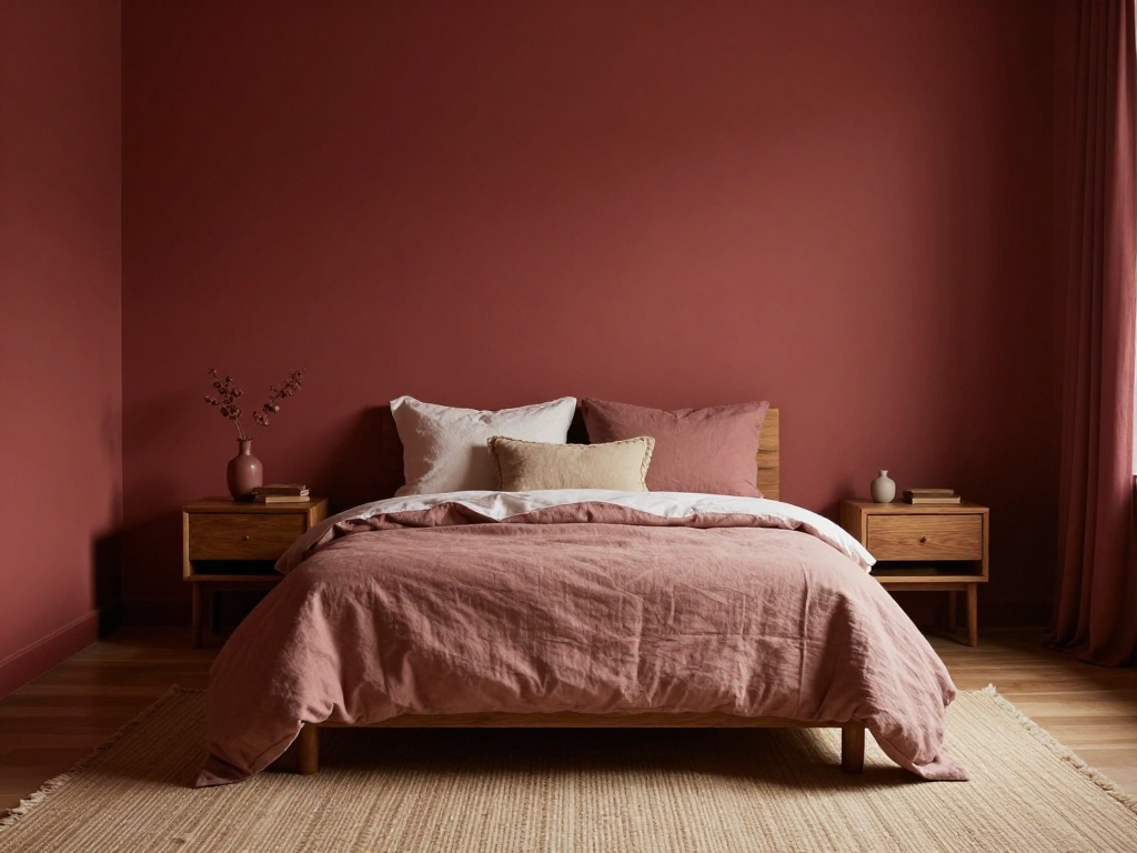 Muted Red Bedroom With Soft Lighting