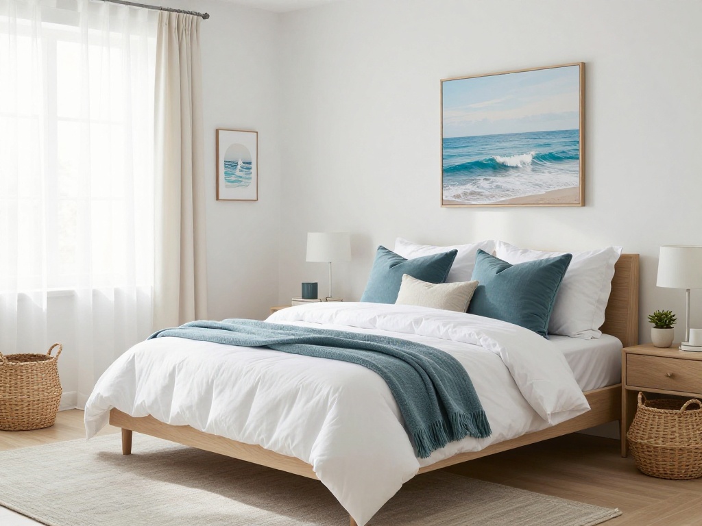 Coastal Dorm Bed With White Sofa And Blue-Green Pillows
