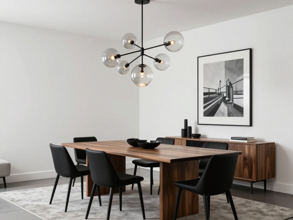 Modern Black And White Dining Room With Sculptural Lighting