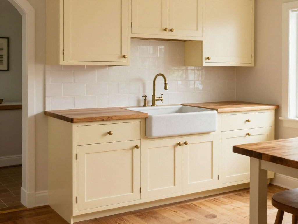 Classic Farmhouse Kitchen With Cream Cabinets and Butcher Block