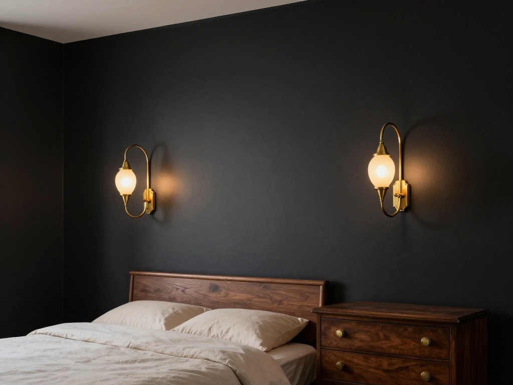 Black Nouveau Bedroom Walls With Antique Brass Lighting