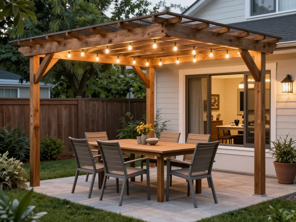 Covered Dining Area With Pergola And String Lights