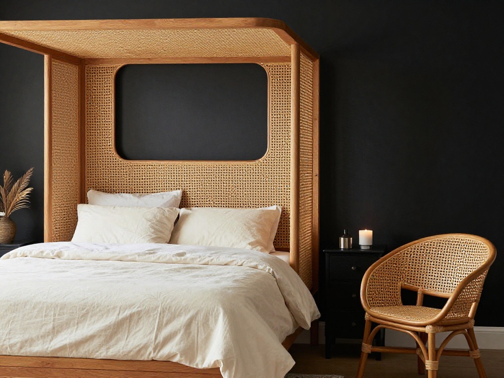 Black Nouveau Bedroom With Natural Rattan and Cane