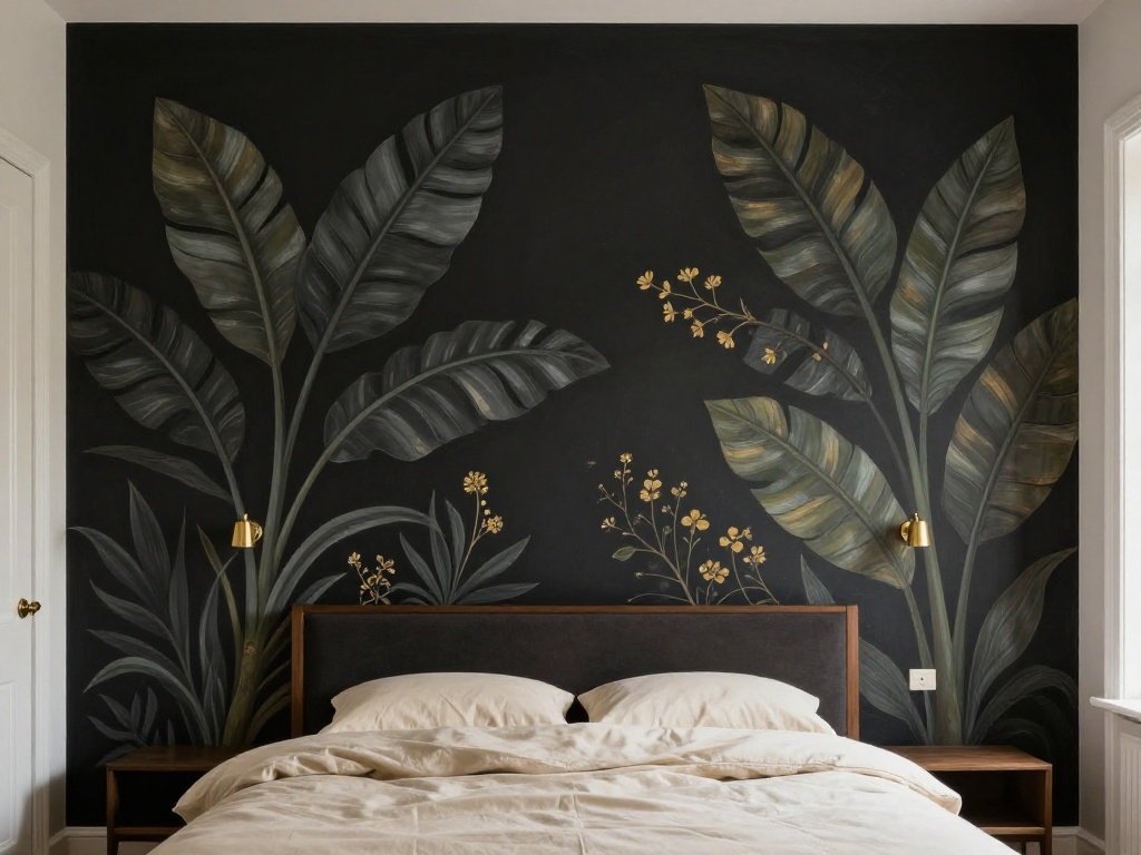 Black Botanical Mural for a Nouveau Bedroom