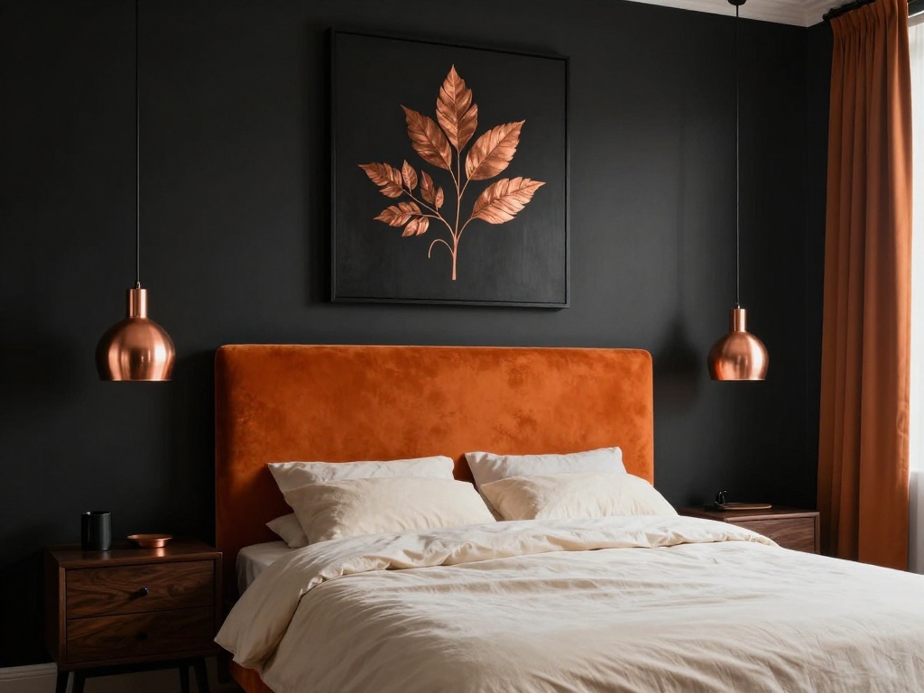 Black Nouveau Bedroom With Copper and Burnt Orange