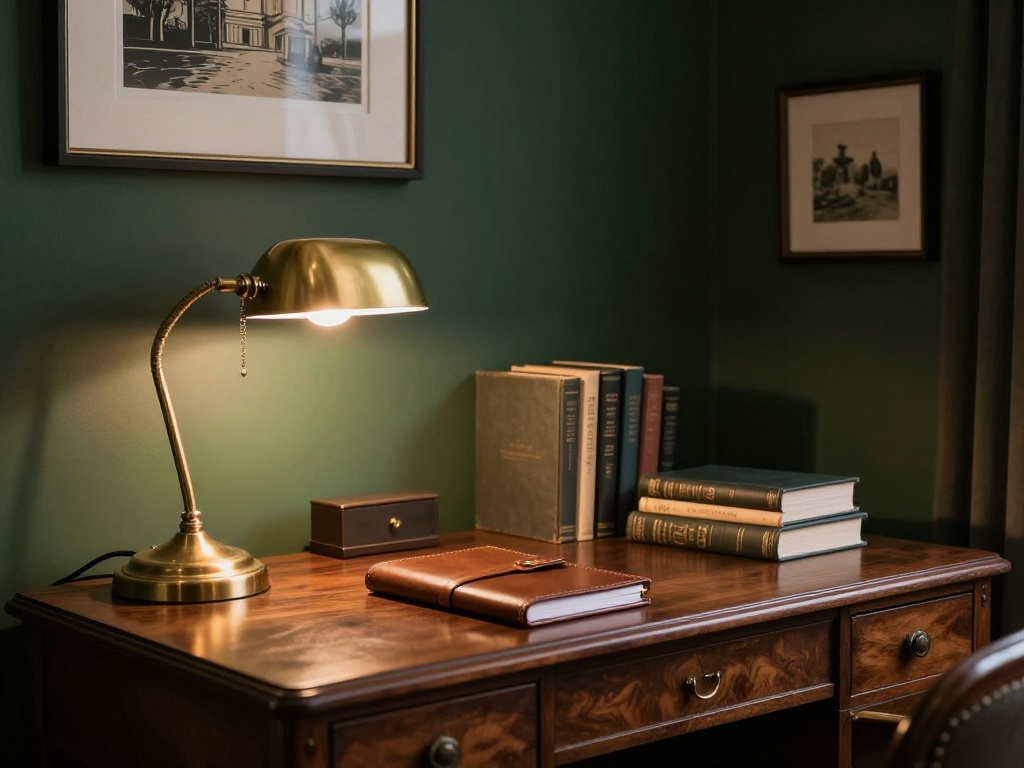 Dark Academia Dorm Desk With Brass Lamp And Leather Accents