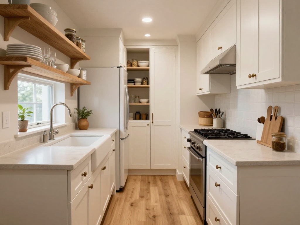 Farmhouse Kitchen Layout With a Galley Plan and Open Shelving