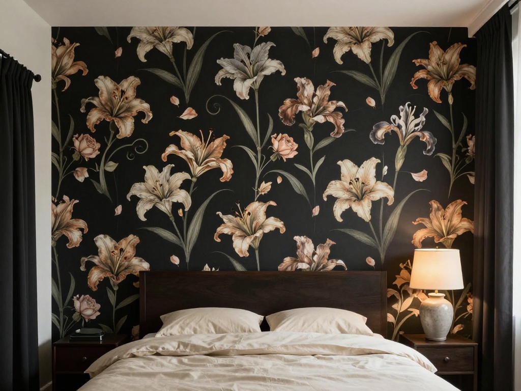 Black Floral Wallpaper Behind the Bed