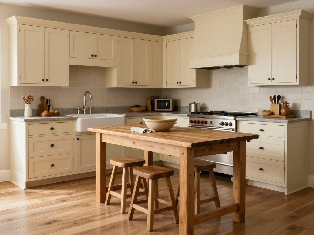 Farmhouse Country Kitchen With an L-Shaped Plan and Worktable