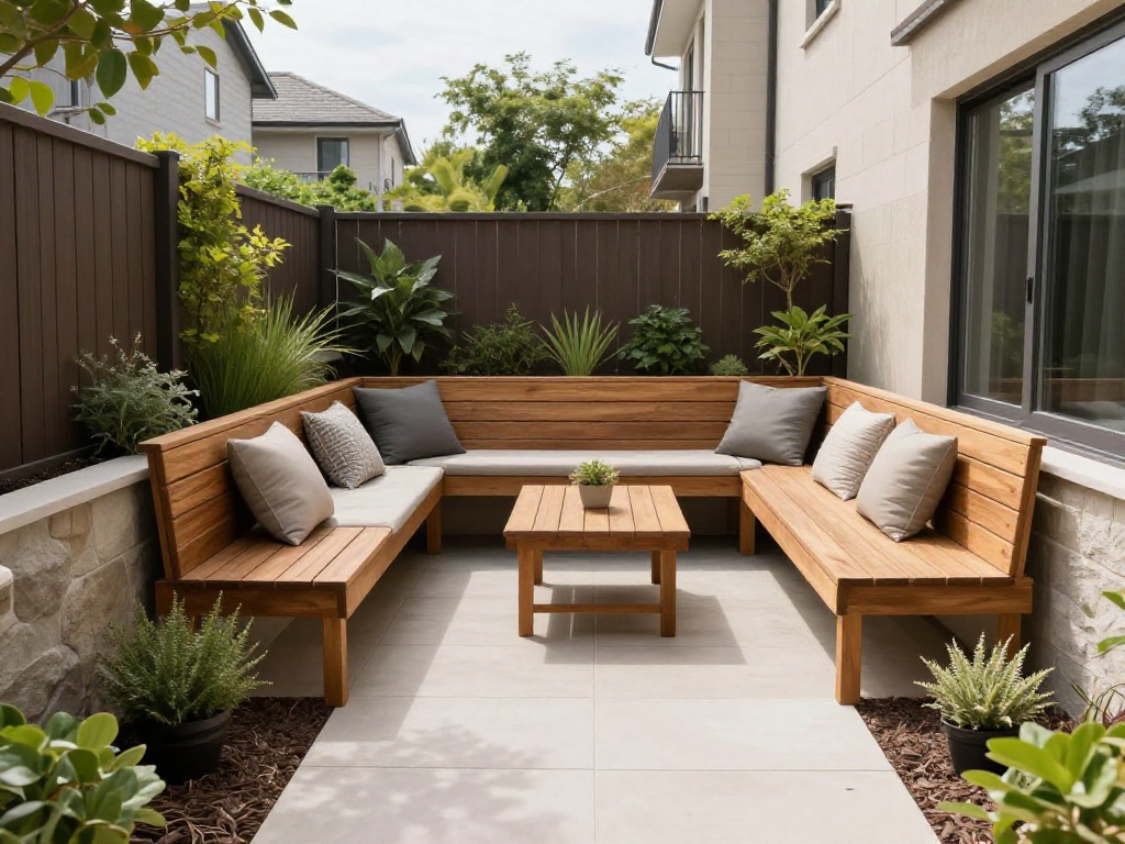 Narrow Backyard With Built-In Bench Seating