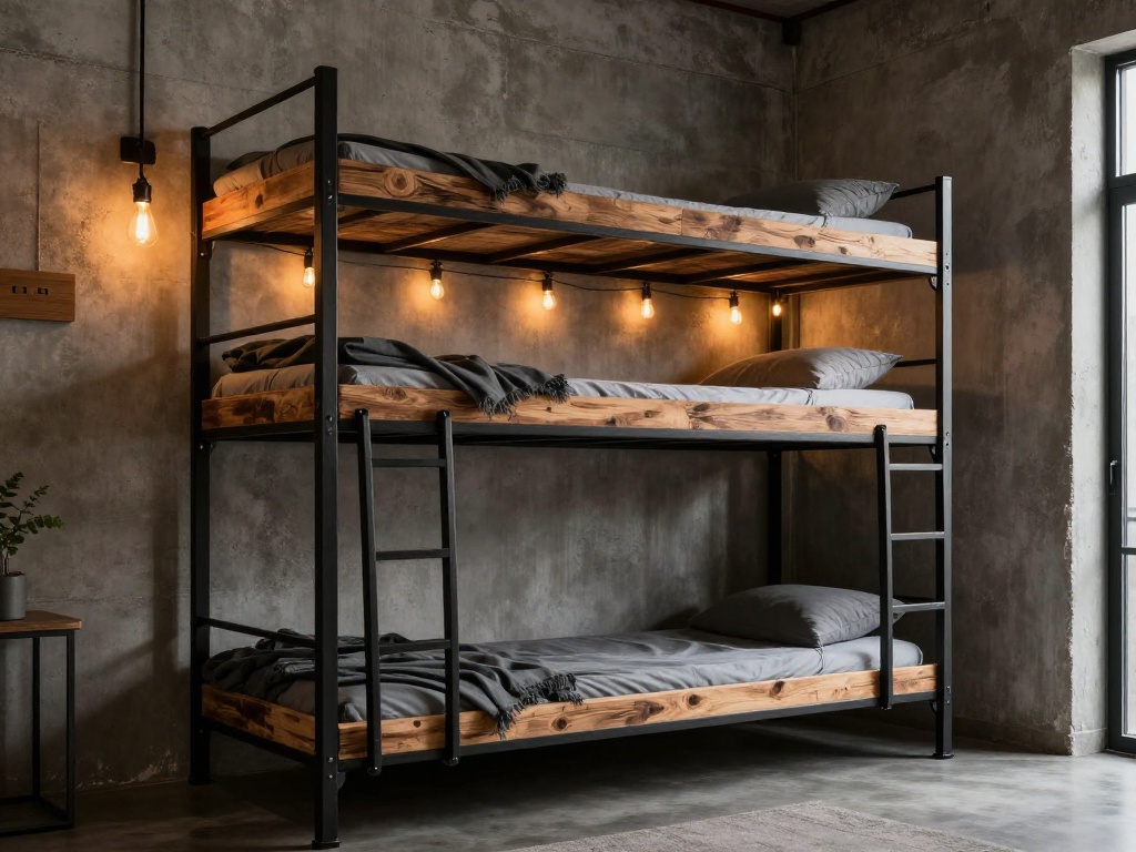 Industrial Dorm Loft With Metal Shelving And Exposed Hardware