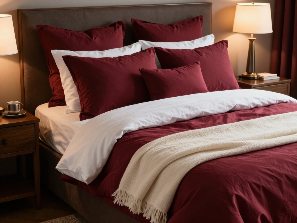 Wine Red Bedding With White Linen Layers