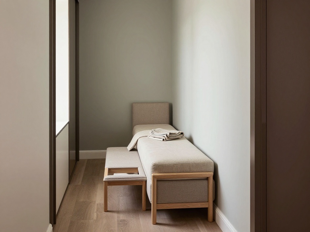 Tiny Bedroom With a Narrow Bench at the Foot of the Bed