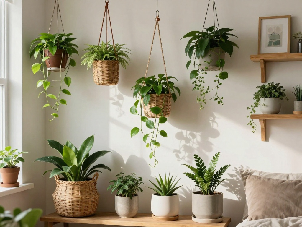 Botanical Dorm Corner With Trailing Plants And Rattan Baskets