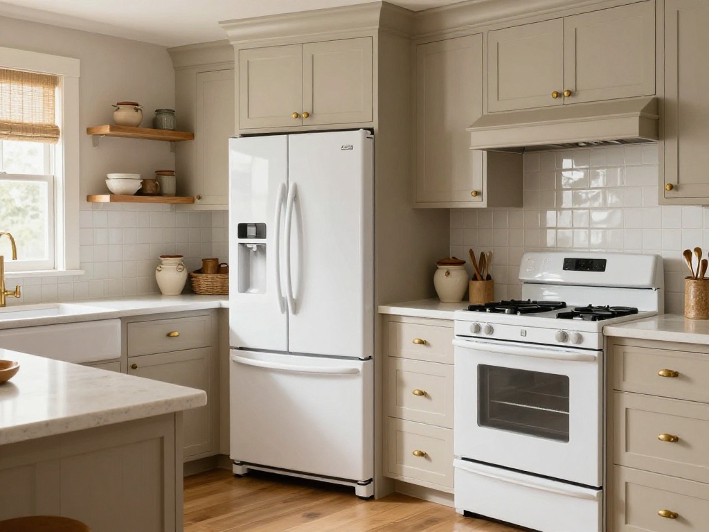 Farmhouse Kitchen With White Appliances and Warm Neutral Cabinets
