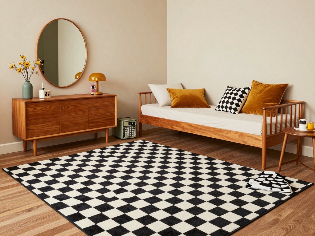 Retro Dorm Room With Checkerboard Rug And Warm Wood Tones