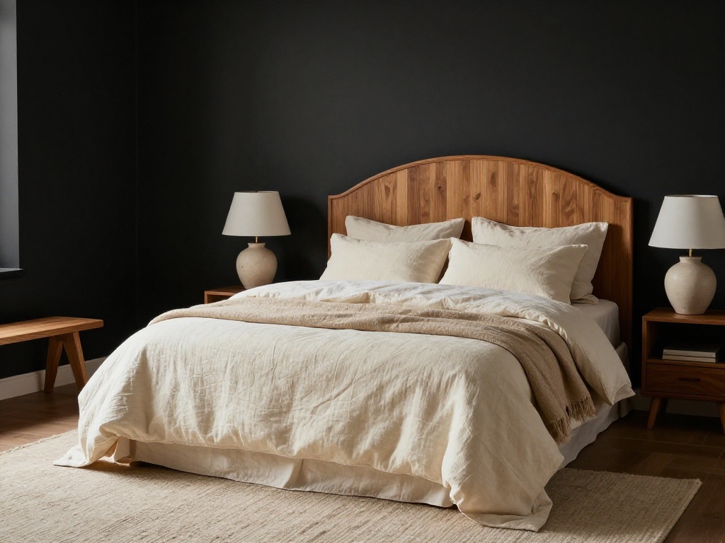 Black Nouveau Bedroom With Cream Linen Bedding