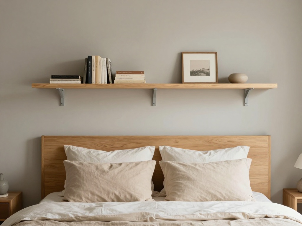 Small Bedroom With a Shelf Above the Headboard
