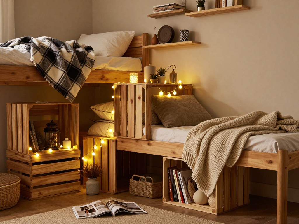 Cozy Cabin Dorm With Plaid Throws And Wood Grain Accents