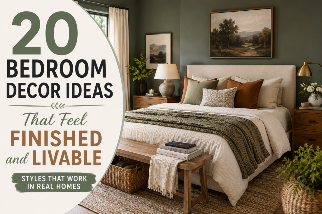 Cozy sage green bedroom with layered neutral bedding, warm wood furniture, brass lighting, and text reading “20 Bedroom Decor Ideas That Feel Finished and Livable.”