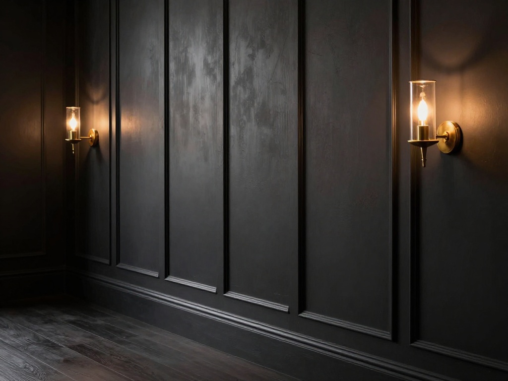 Dark Wall Paneling With Brass Sconces
