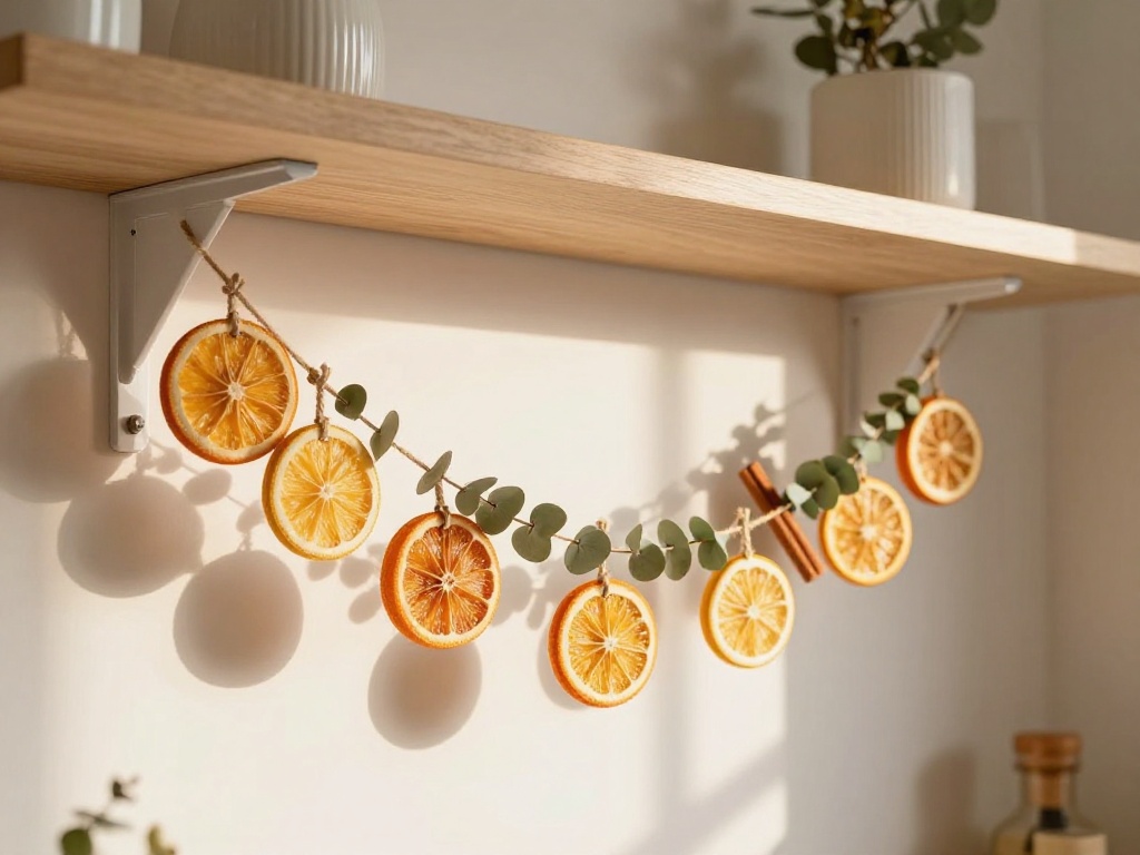 Dried Citrus Garlands Across Open Shelving