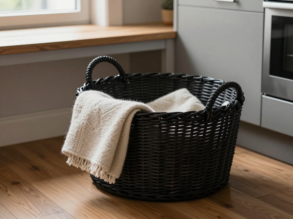 Woven Black Baskets With Throws On The Floor