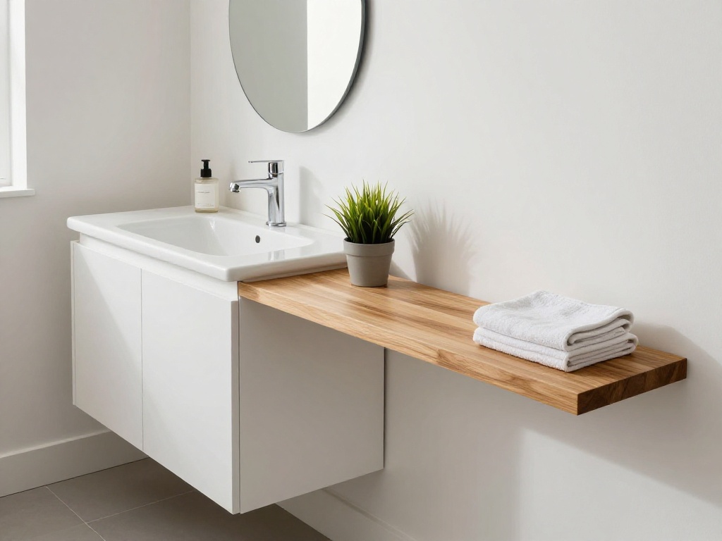 Asymmetrical Vanity With Floating Shelf Extension