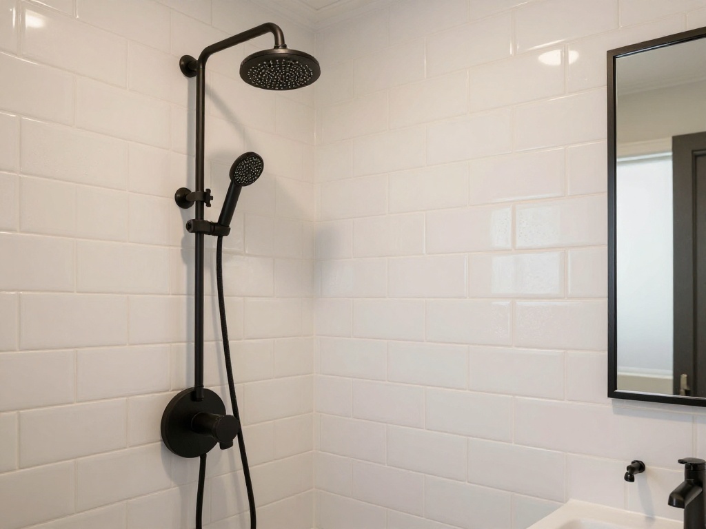 Black Fixtures Against Warm White Tile