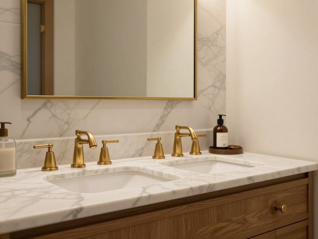 Marble-Topped Vanity With Brass Accents