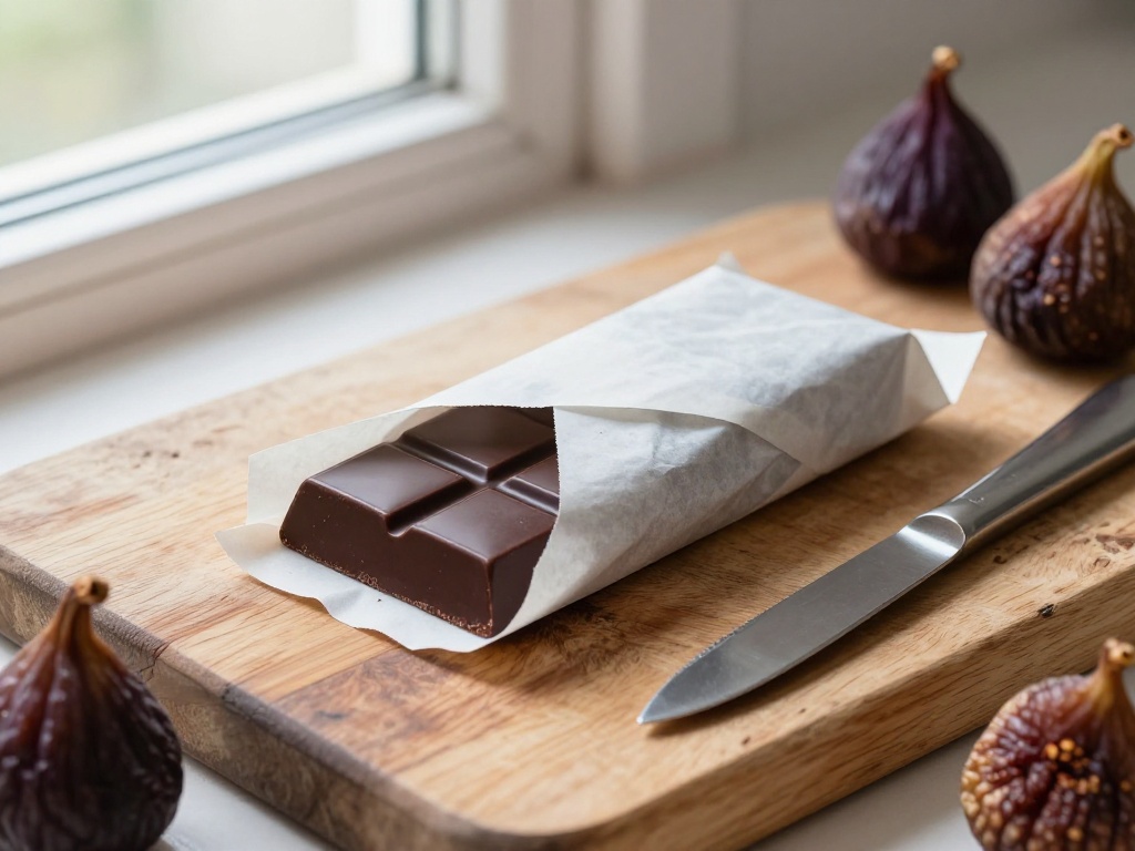 Dark Chocolate Bar Wrapped In Parchment On A Wooden Board